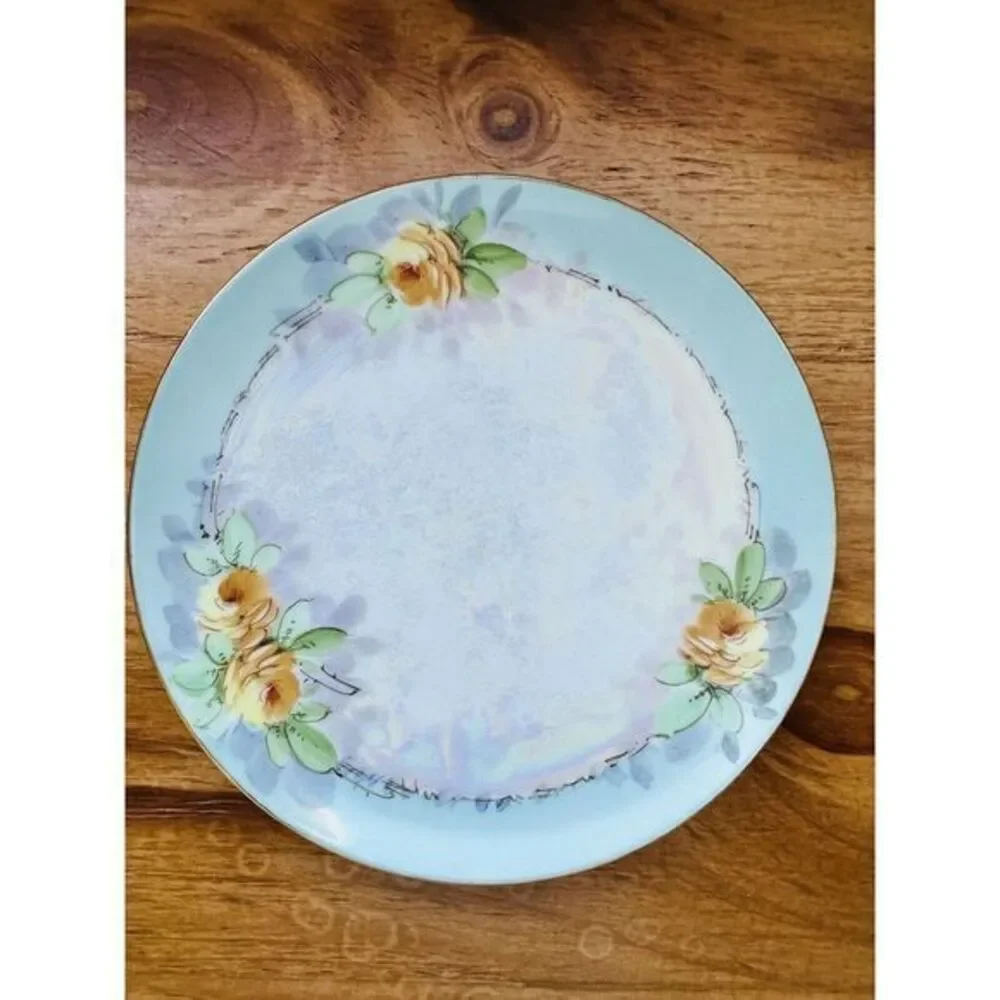 VTG Plate With Yellow Flowers Design Handpainted W/iridescent Center Gold Trim‎